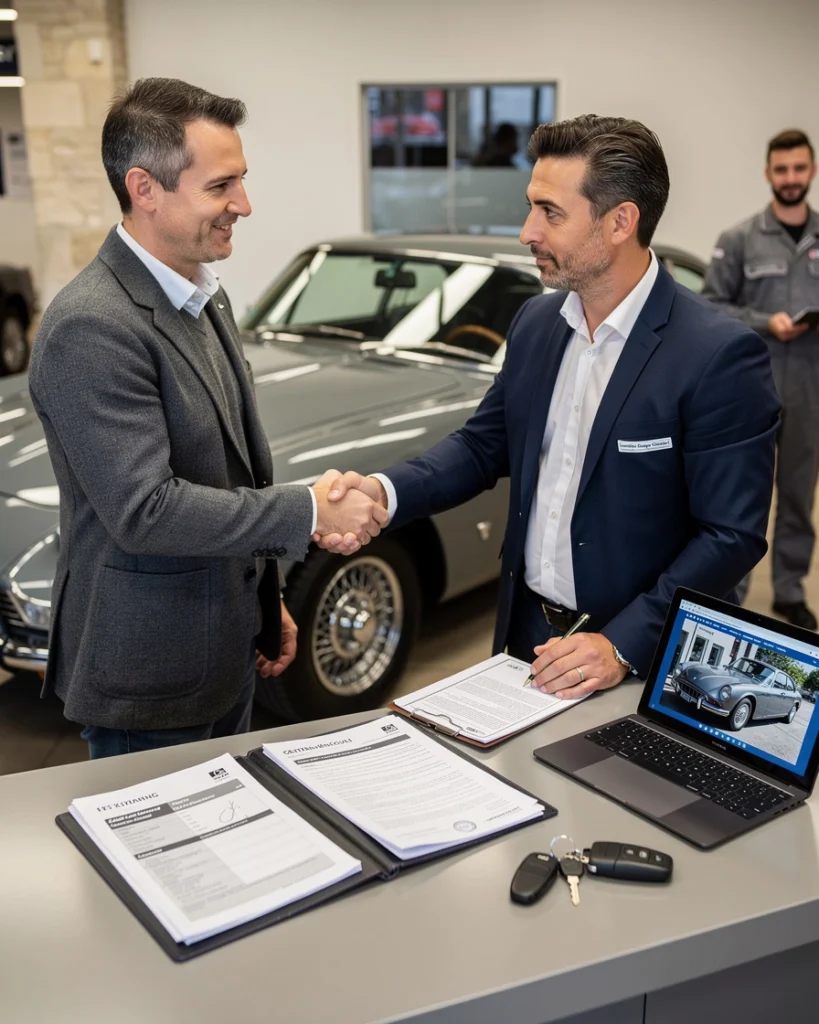 deux hommes se serrent la main après la vente d'une voiture de collection